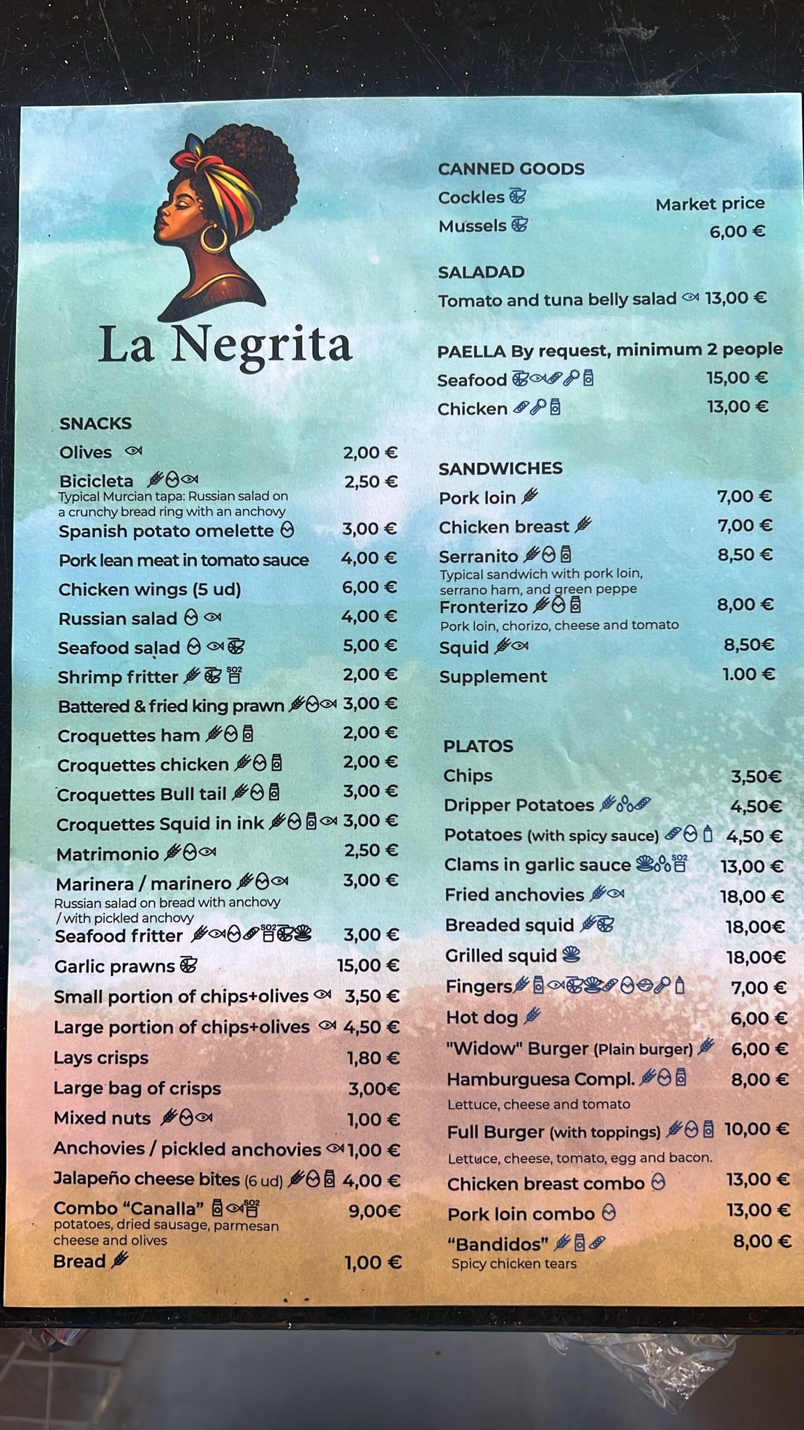 La Negrita Beach menu (1/2)
